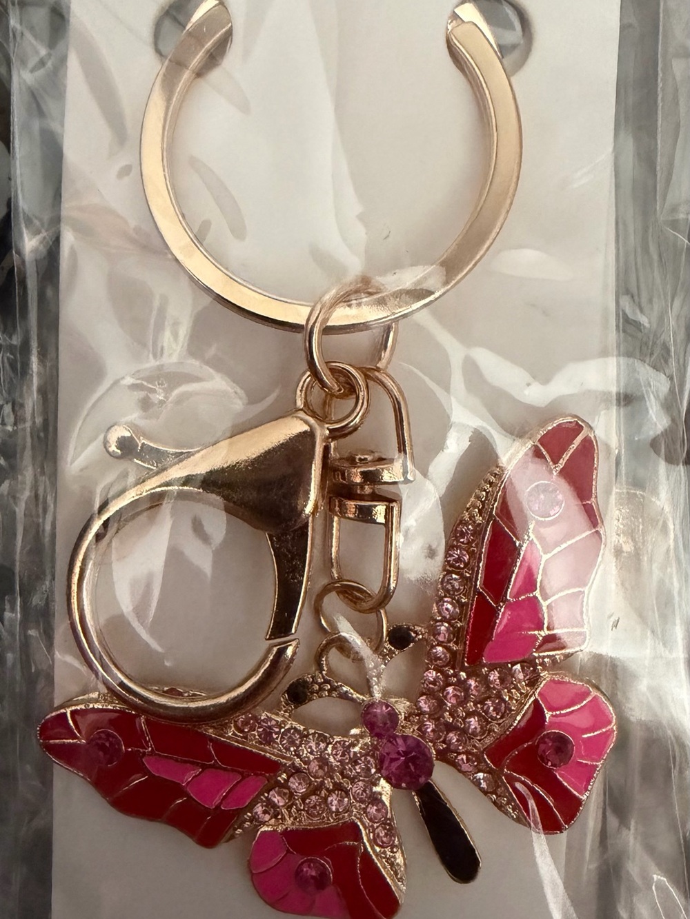 Mint Gold-Tone Keychain with Pink Butterfly Charm